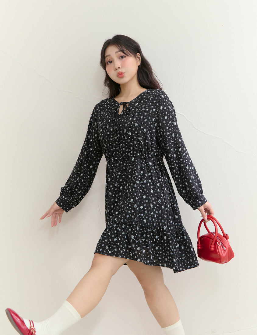Early Spring Floral Tie-Front Long Sleeve Plus Size Mini Dress