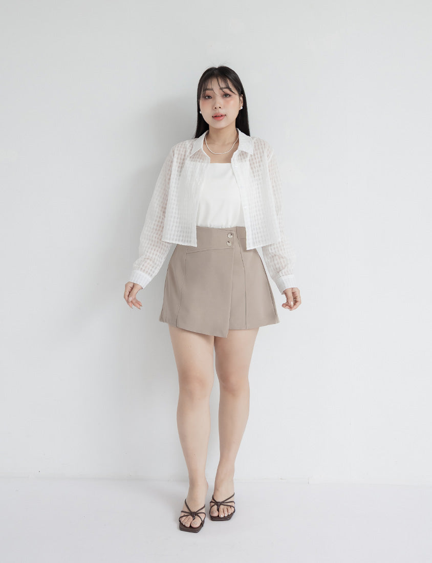 MISS. Sheer Plaid Cropped Plus Size Long Sleeve Shirt