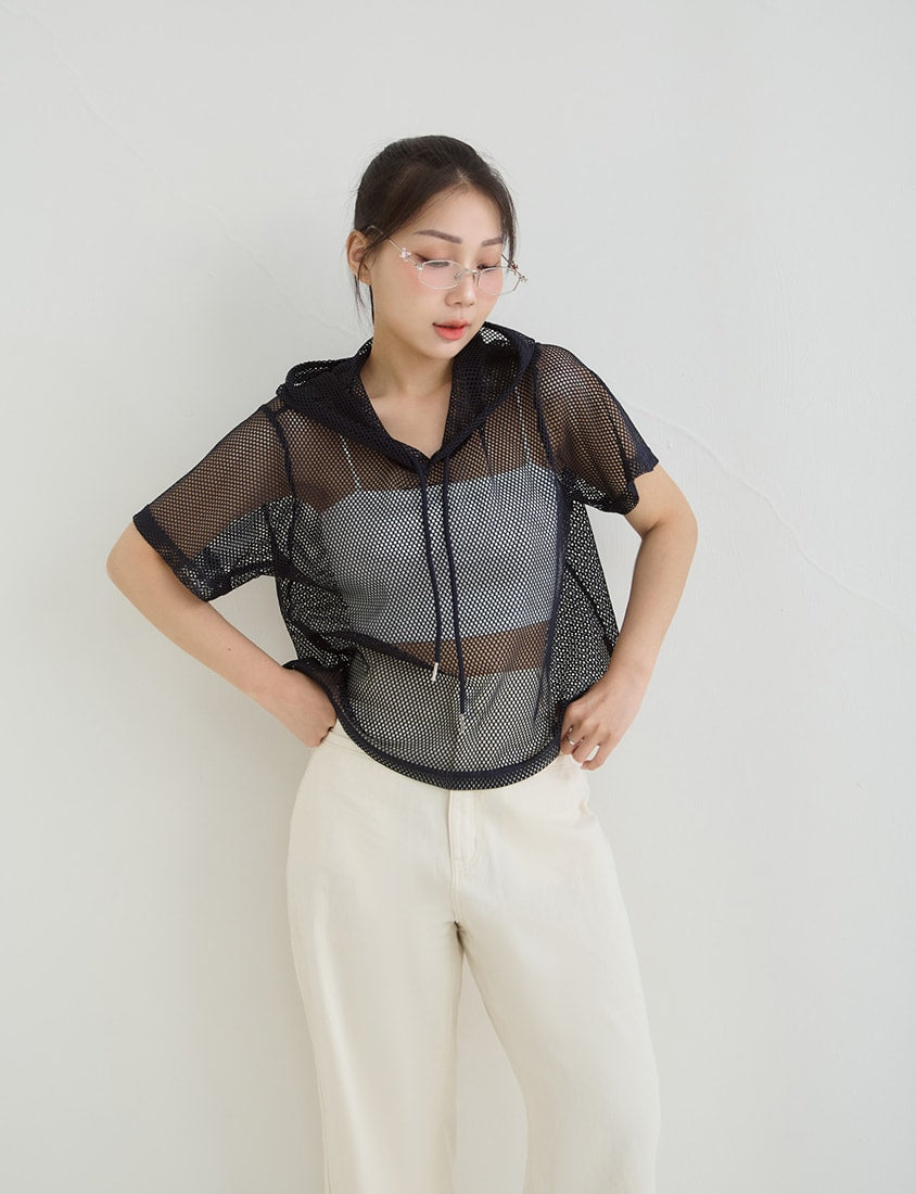 Casual Sporty Mesh Hooded Plus Size Top