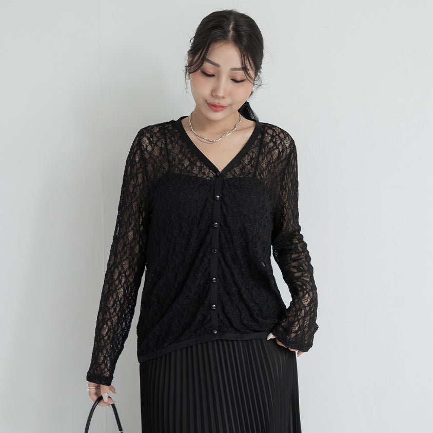 MISS. Fairy Lace Hollow Cut Button-Up Plus Size Cardigan