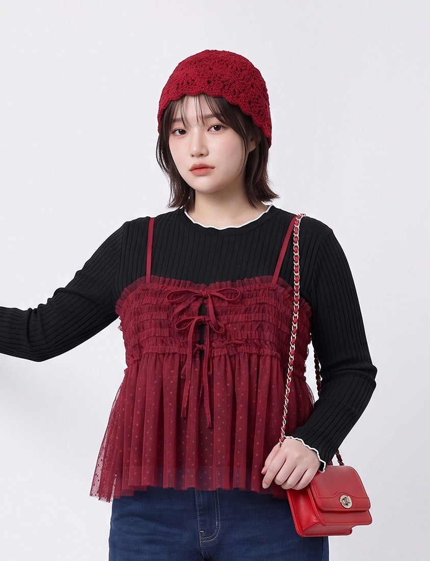 Soft Wide Ribbed Ruffle-Trim Long Sleeve Plus Size Top