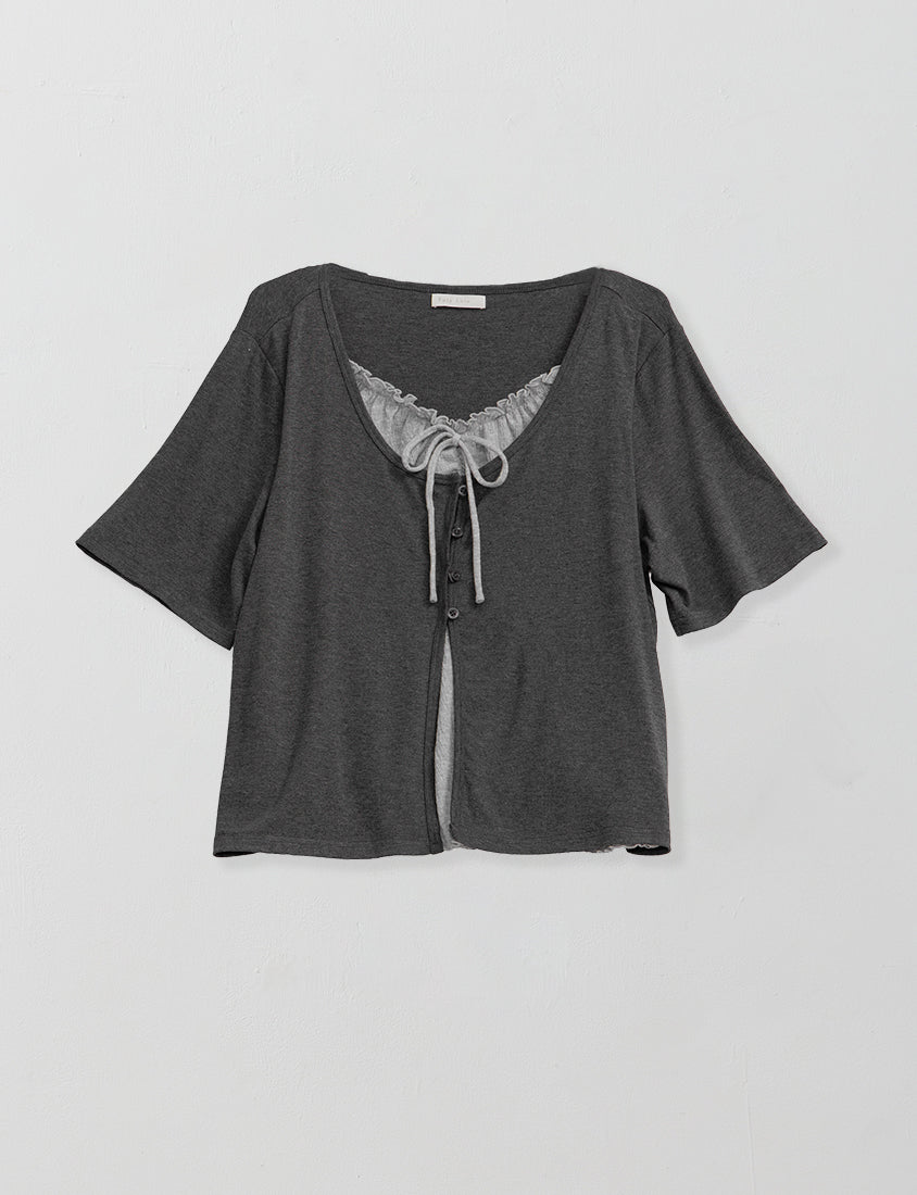 Korean Style Lace Trim Faux Two Piece Plus Size Top