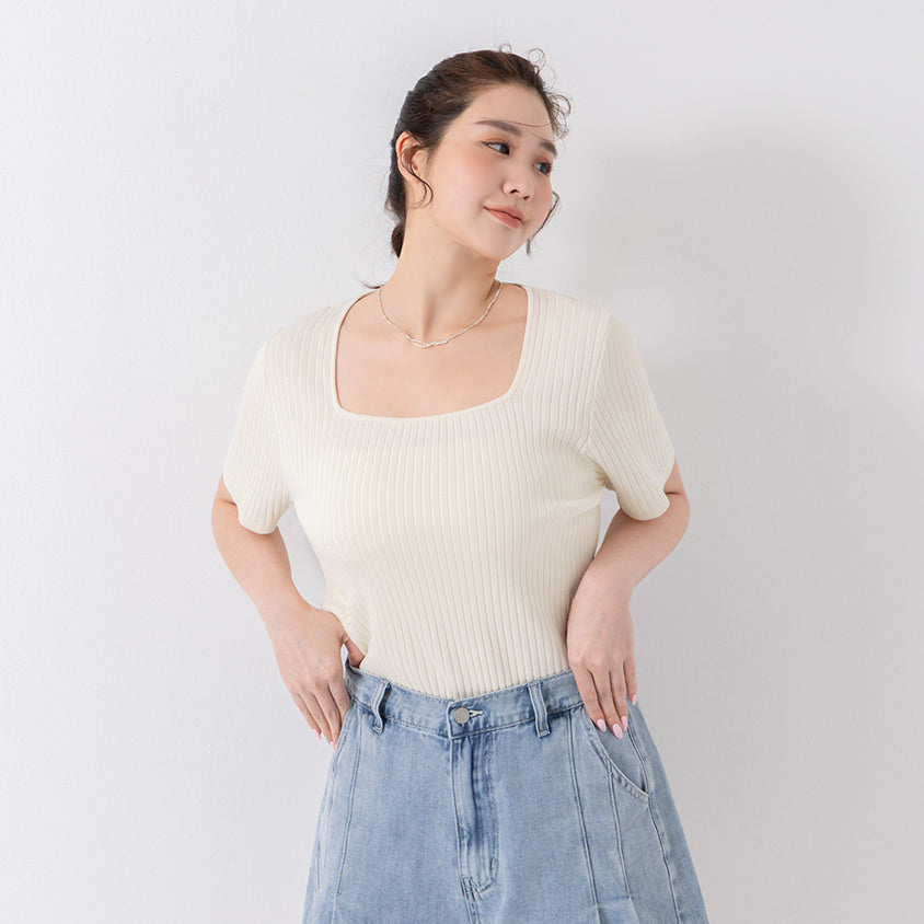 Classic Multicolor Square Neck Ribbed Knit Plus Size Top