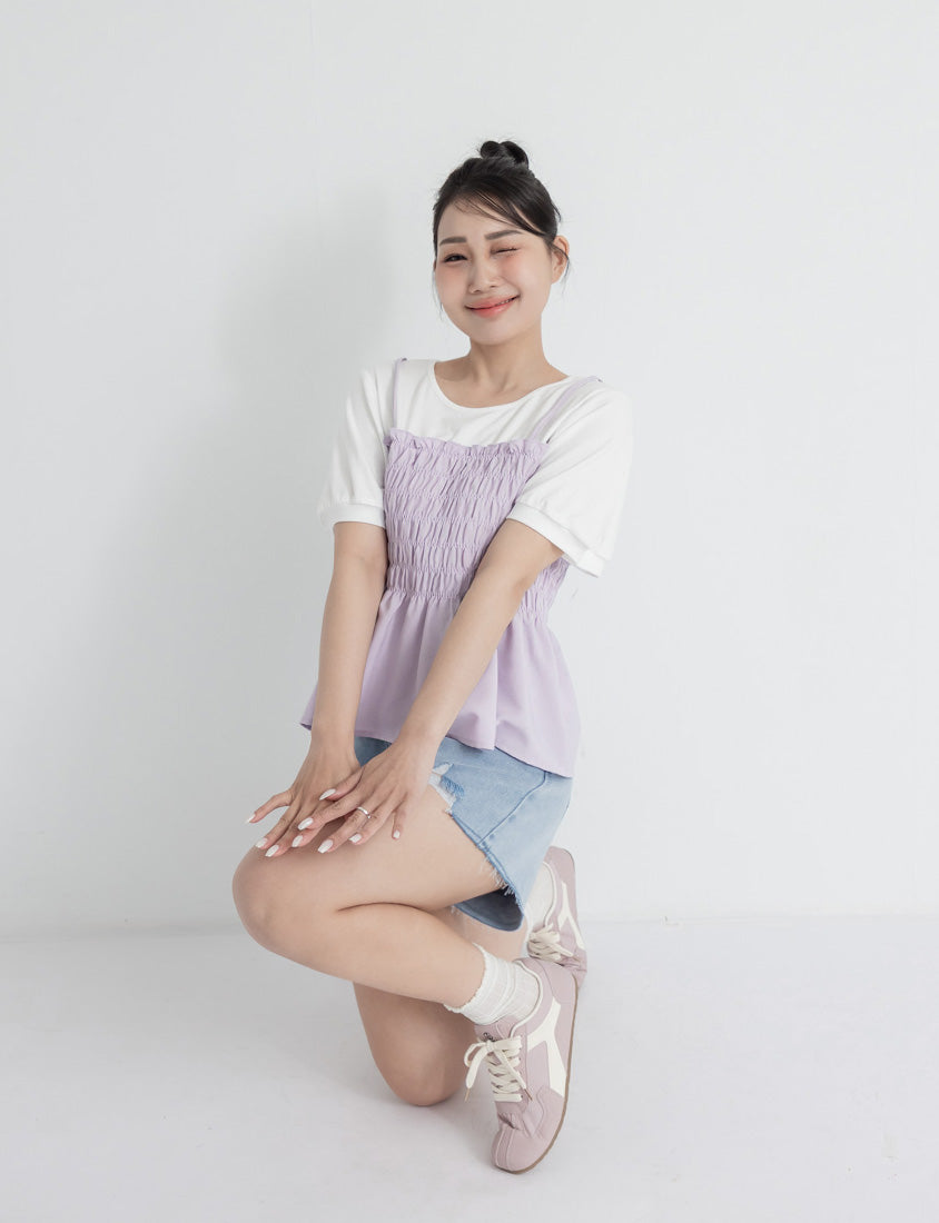 Sweet Crinkle Faux Two-Piece Short Sleeve Plus Size Top