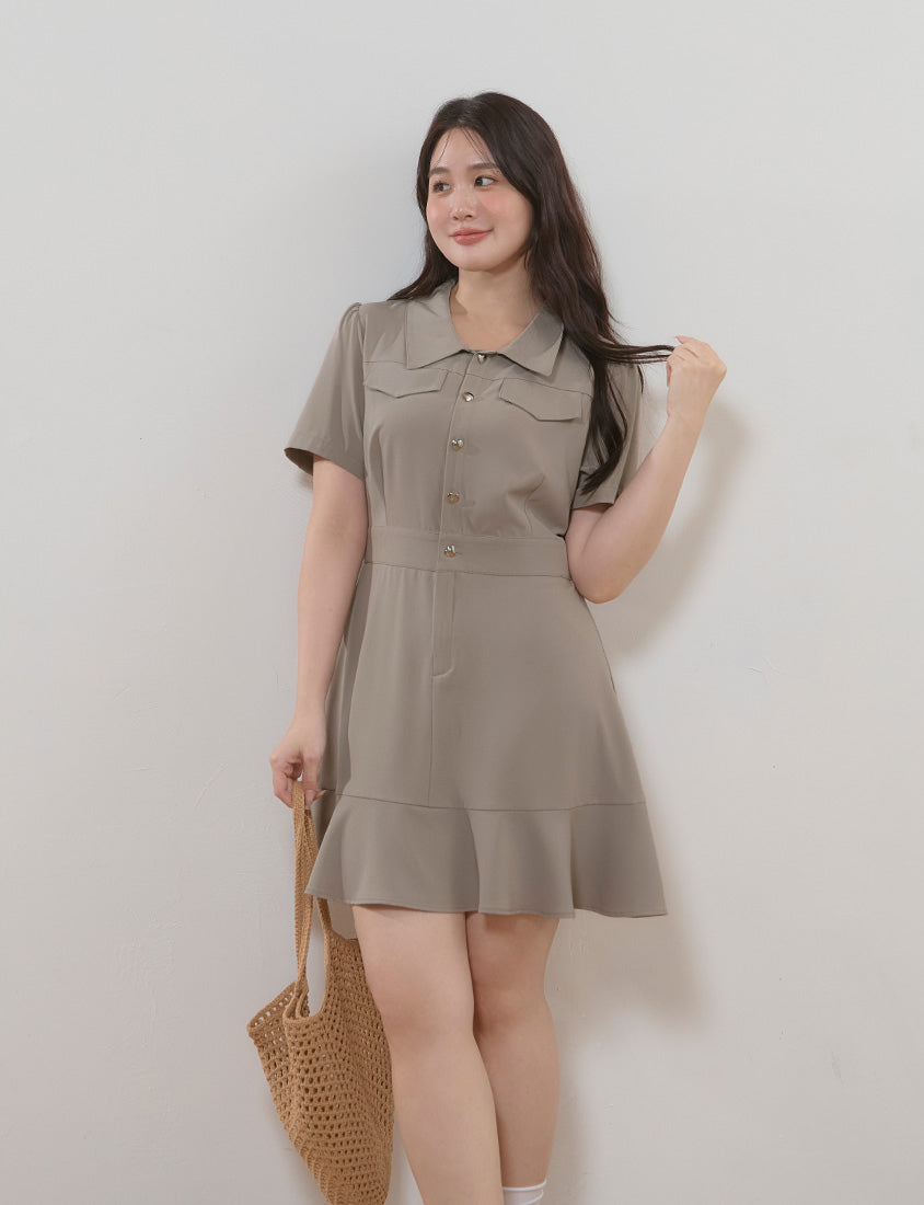 Elegant Heart Button Collar Plus Size Mini Dress