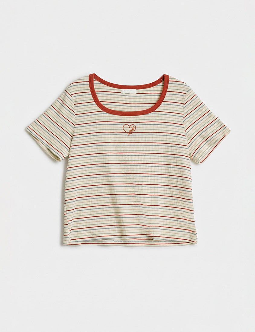 Heart Embroidered Contrast Stripe Plus Size Tee