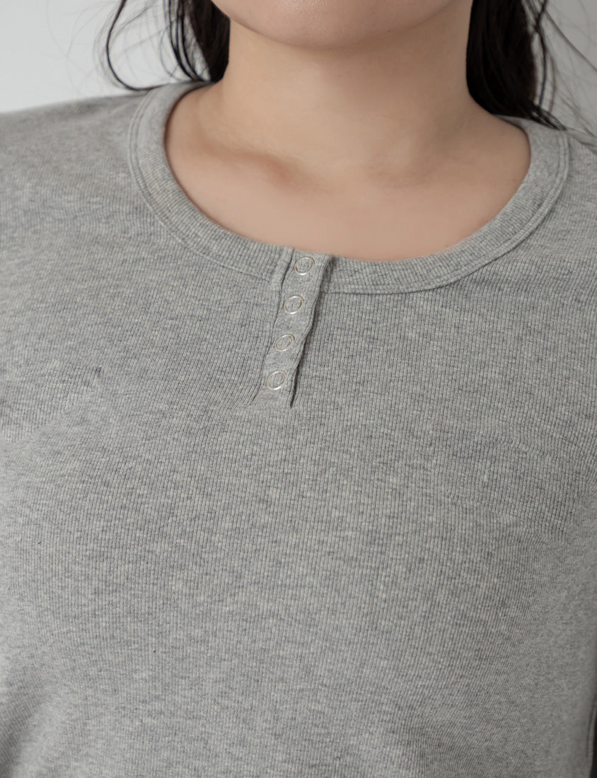 MUA! Crew Neck Button Front Slimming Ribbed Plus Size Long Sleeve Top