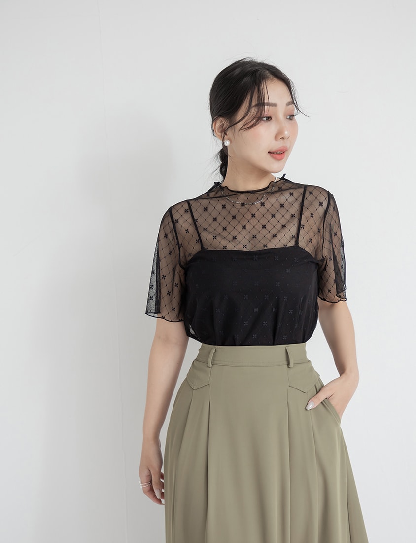 MISS. Sheer Floral Diamond Pattern Short Sleeve Plus Size Top