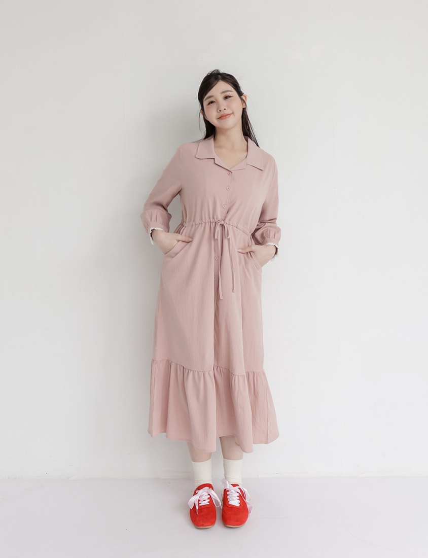 Cuban Collar Drawstring Waist Tiered Plus Size Dress