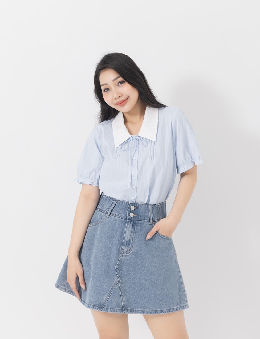 Sweet Pleated Collar Tie-Front Puff Sleeve Plus Size Shirt
