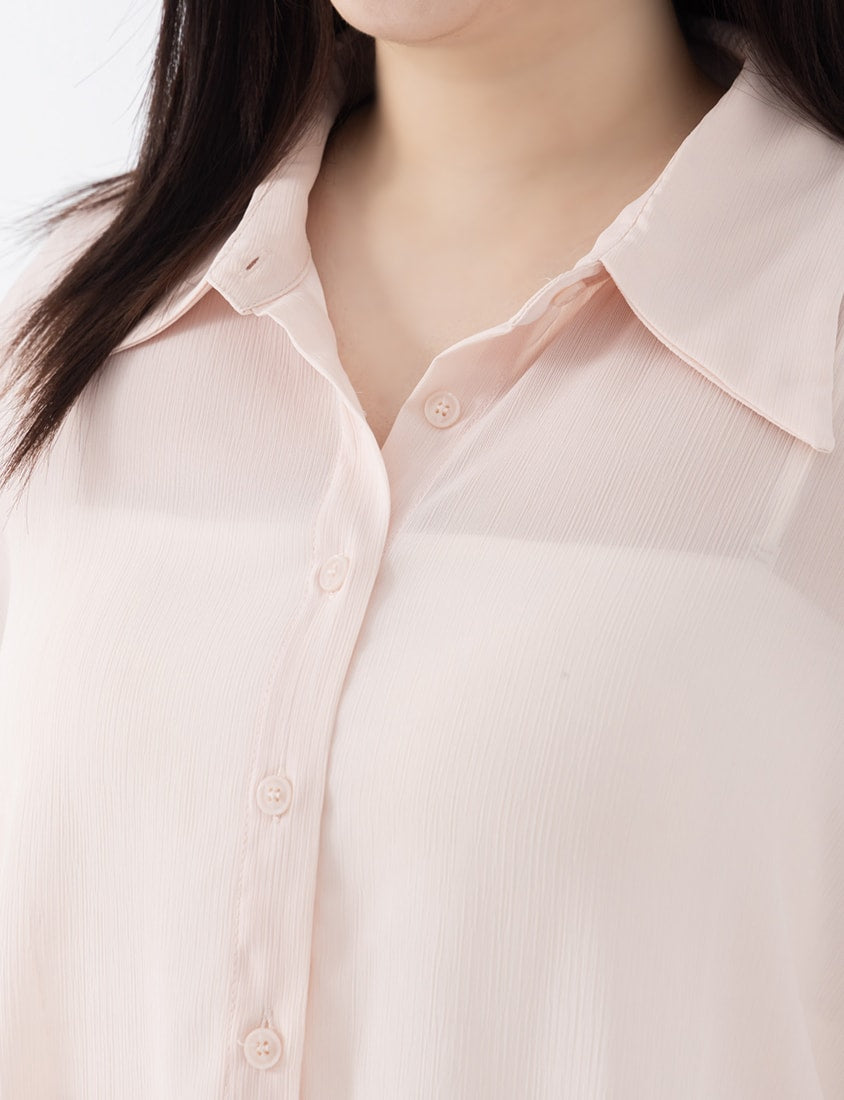 Sheer Crinkle Bell Sleeve Cropped Plus Size Shirt