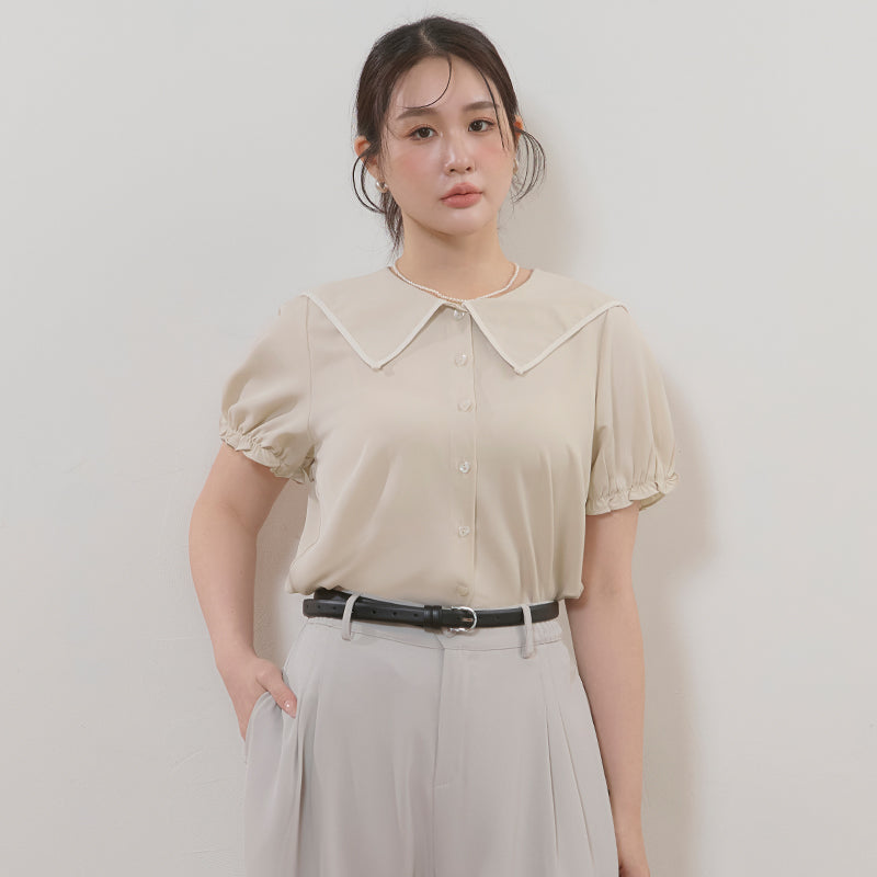 MISS. Contrast Doll Collar Heart Button Plus Size Shirt