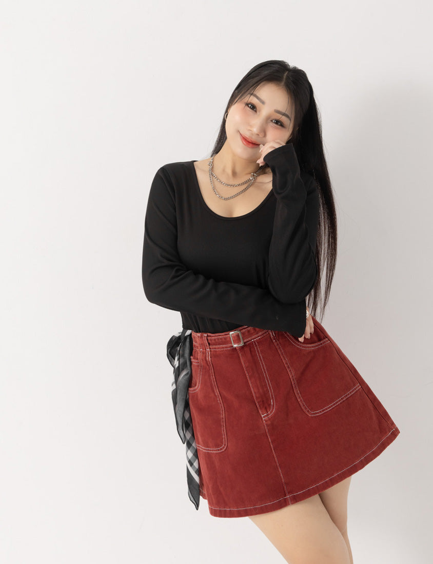 MUA! U-Neck Ribbed Curved Hem Plus Size Long Sleeve Top