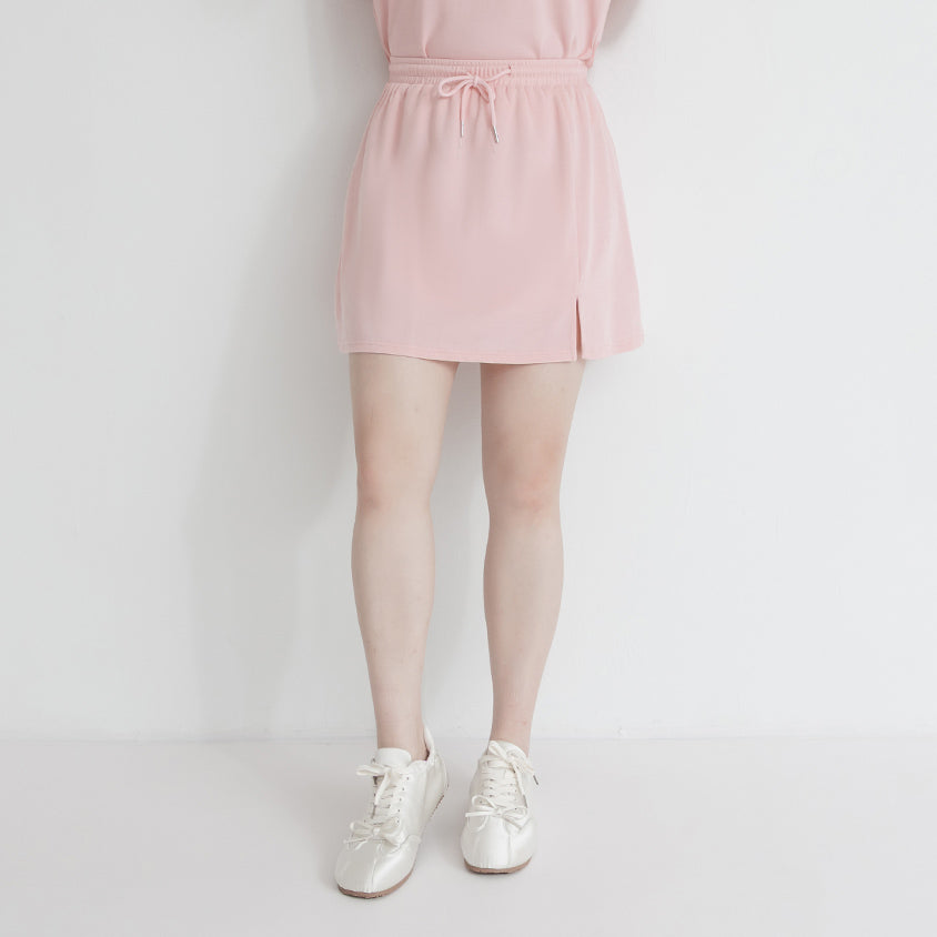 Soft Stretch Cotton Side Slit Drawstring Plus Size Mini Skirt