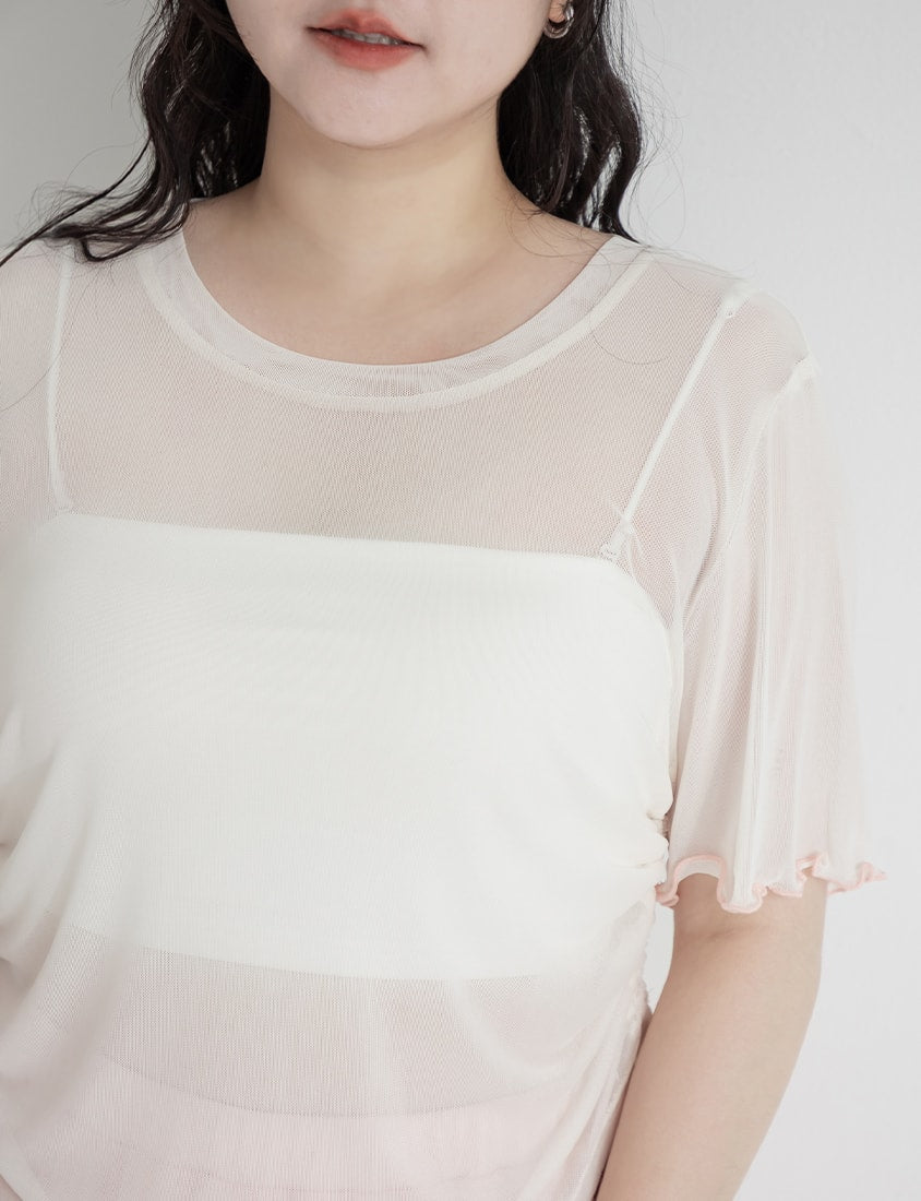 Side Drawstring Sheer Ruffle Sleeve Plus Size Top