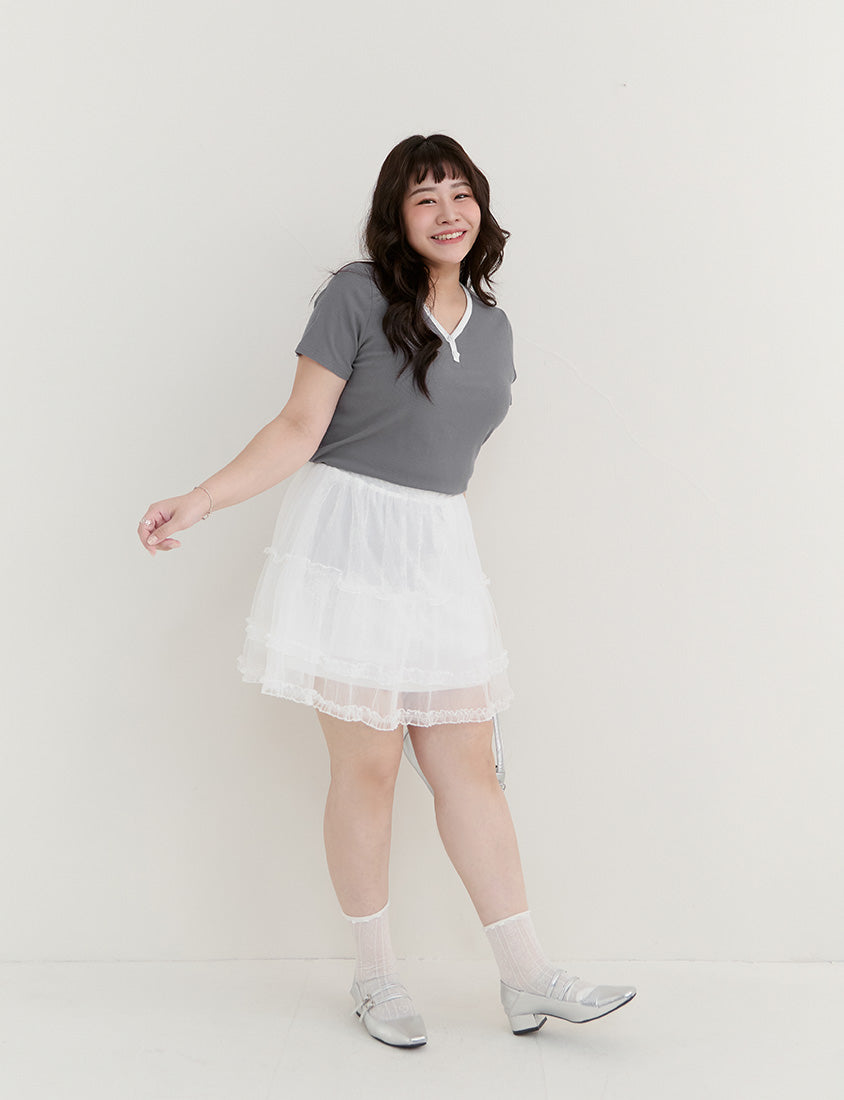 Simple V-Neck Contrast Ribbed Plus Size Tee
