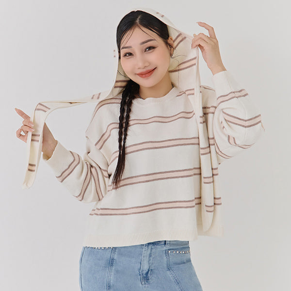Japanese-Style Colorblock Striped Plus Size Knit Top (With Hooded Shawl)