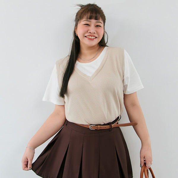 Contrast Waffle Faux Two Piece Plus Size Tee