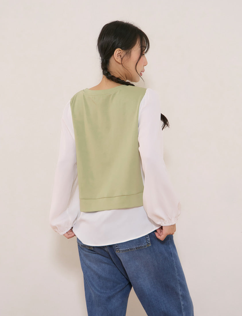 Crewneck Puff Sleeve Faux Two Piece Plus Size Long Sleeve Top