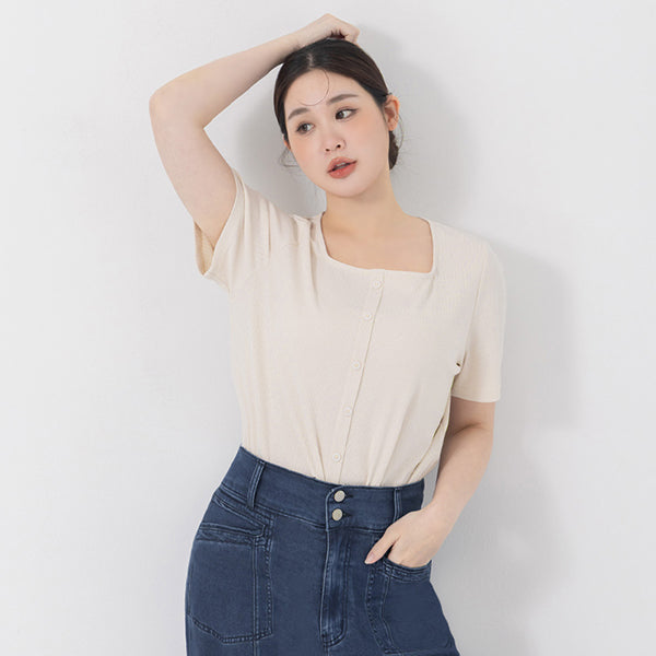 Tencel Ribbed Faux Button Square Neck Plus Size Top
