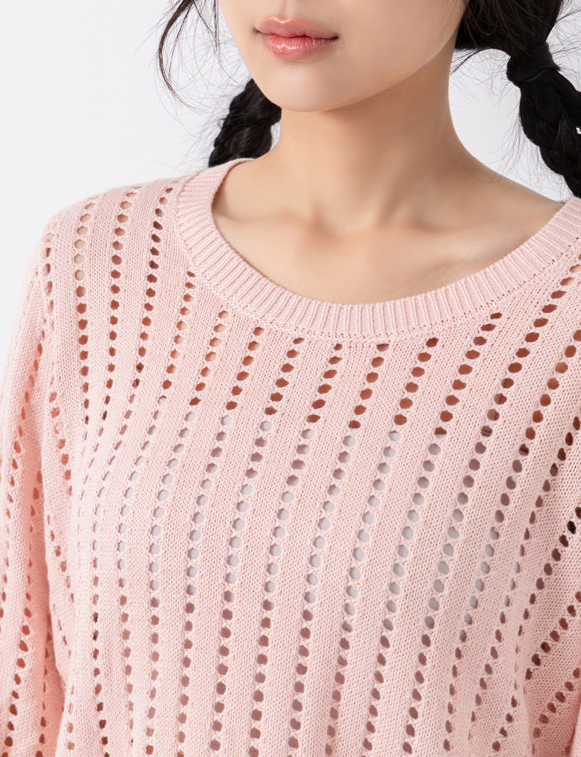 Crew Neck Openwork Ribbed Knit Long Sleeve Plus Size Top