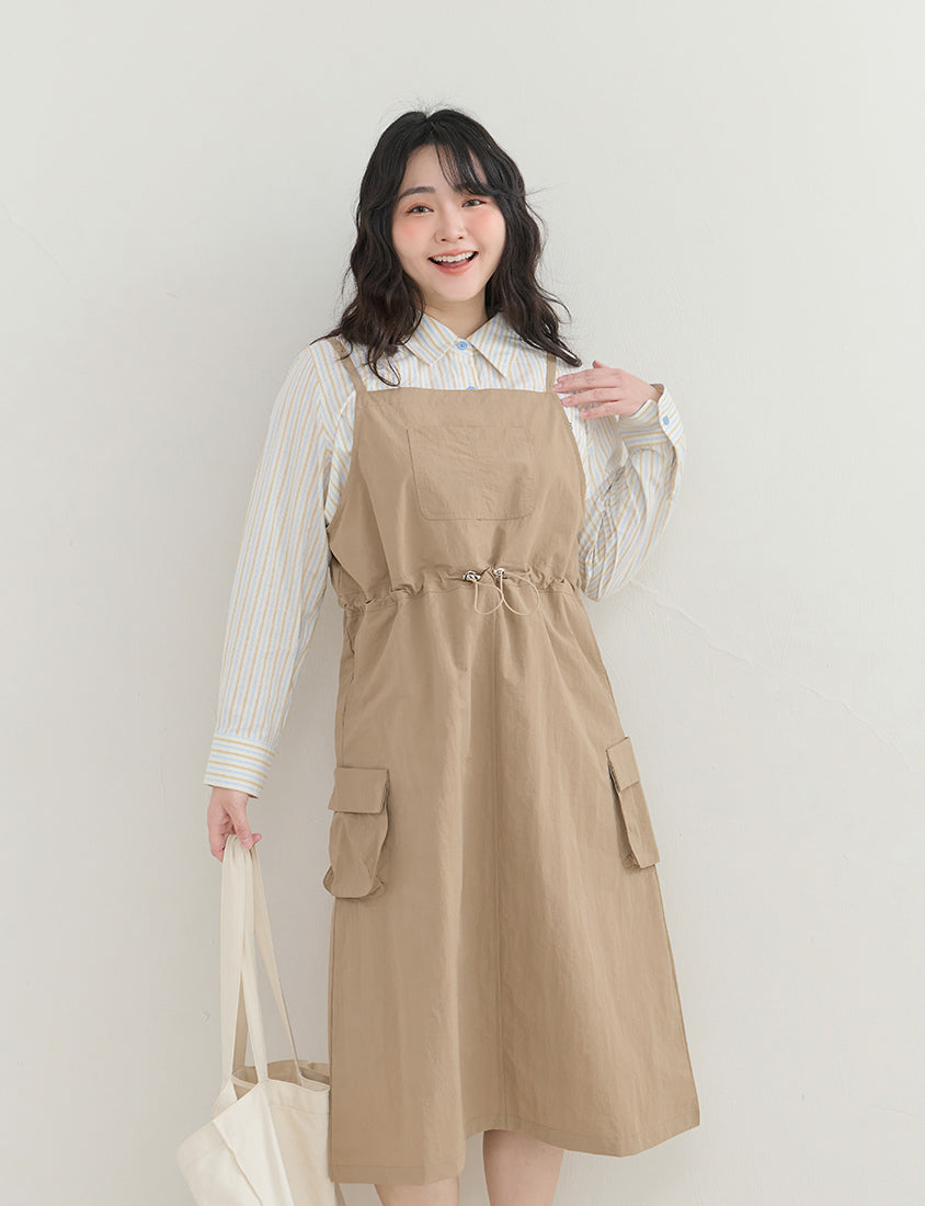 Vintage Utility Adjustable Strap Plus Size Maxi Dress