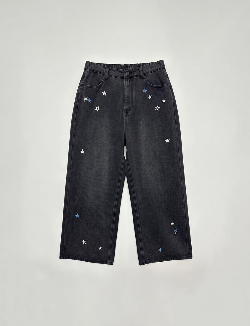 Star Embroidered Denim Plus Size Wide Leg Jeans