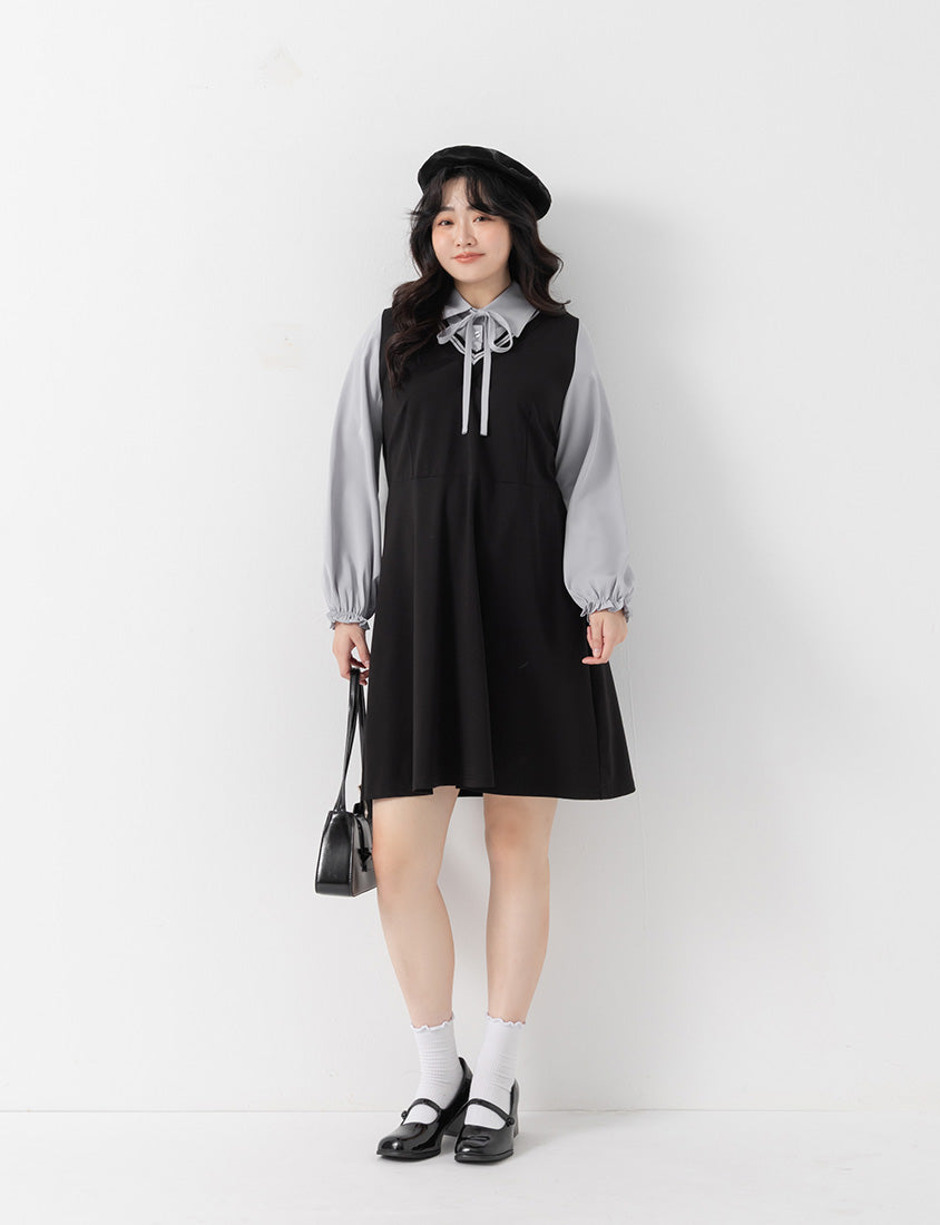Preppy Contrast Color Faux Two-Piece Plus Size Mini Dress (With Tie)