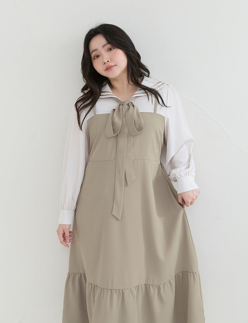 Contrast Sailor Collar Faux Two Piece Plus Size Maxi Dress (With Waist Tie)