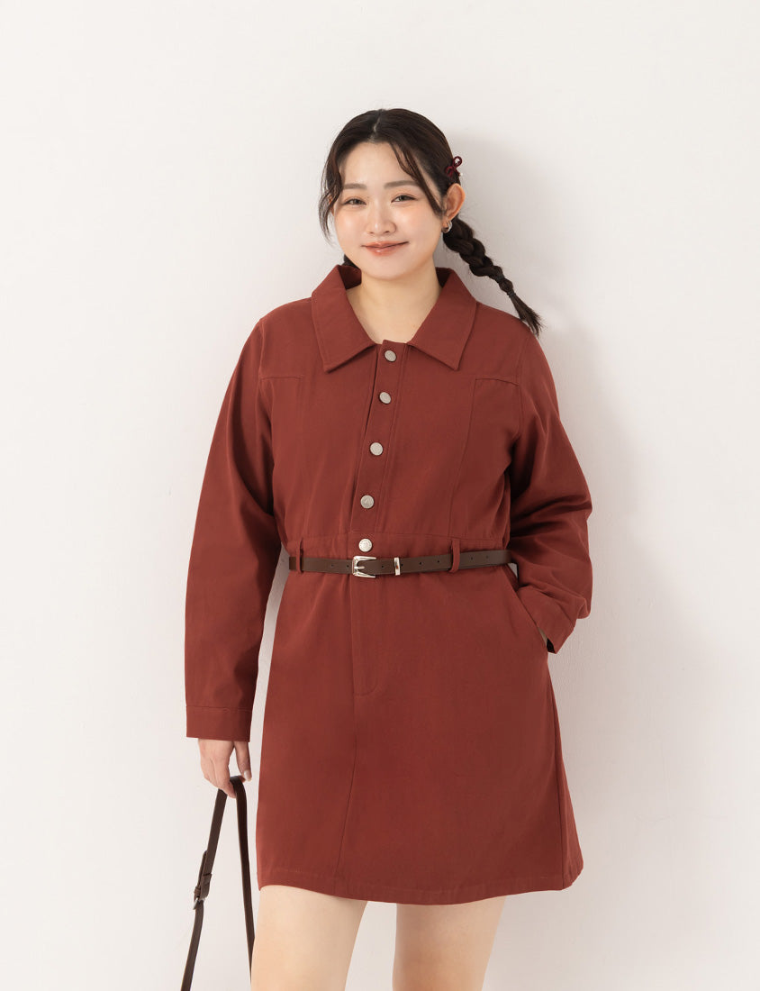Twill Colorblock Topstitched Button-Up Plus Size Mini Dress (With Belt)