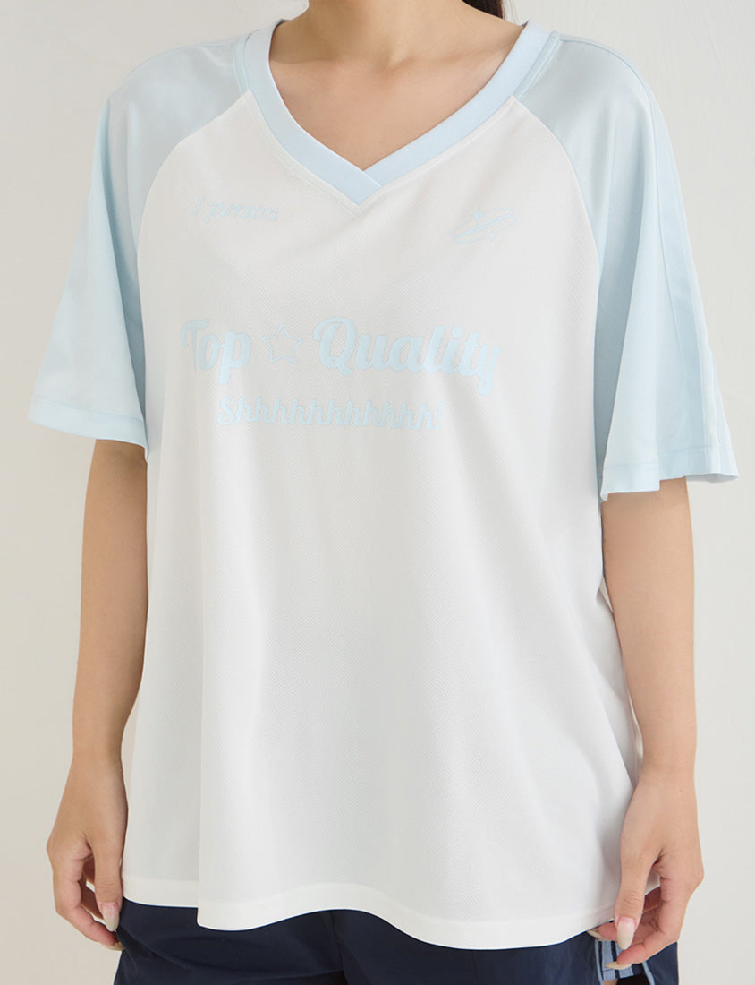 American Style Contrast V-Neck Oversized Jersey Plus Size Tee