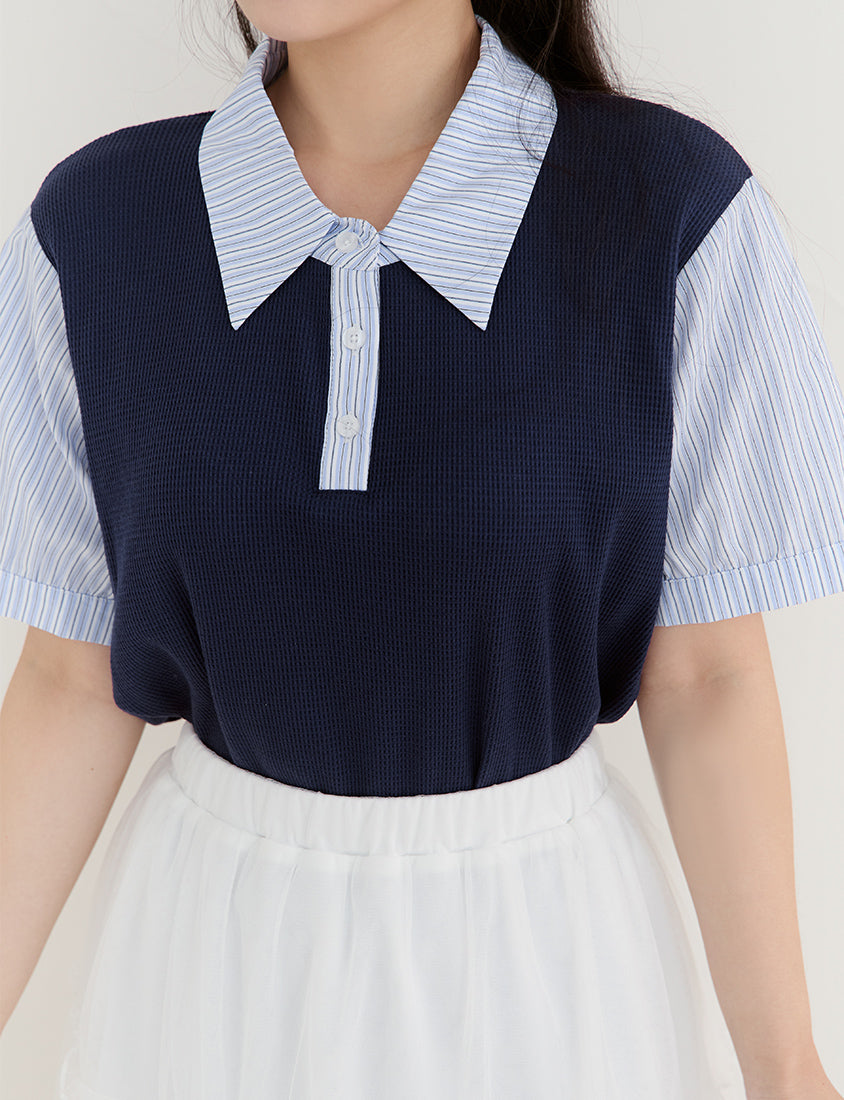 Waffle Knit Contrast Stripe Plus Size Top