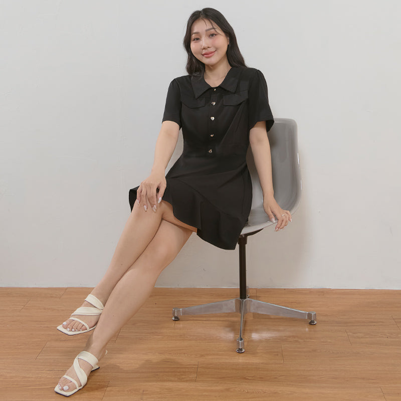 Elegant Heart Button Collar Plus Size Mini Dress