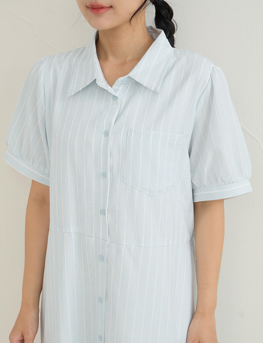 Japanese Contrast Stripe Shirt Collar Plus Size Maxi Dress