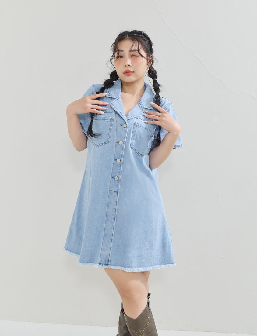 Frayed Hem Pocket Denim Plus Size Mini Dress