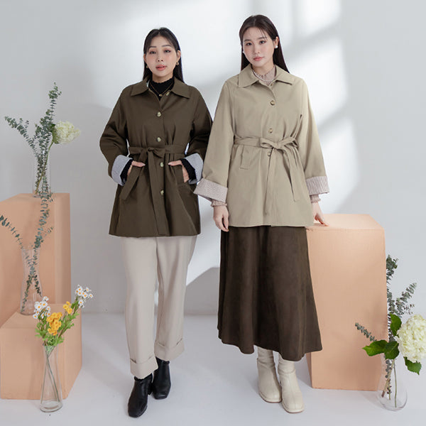 MISS.Korean Style Textured Mid-Length Plus Size Trench Coat (With Belt)
