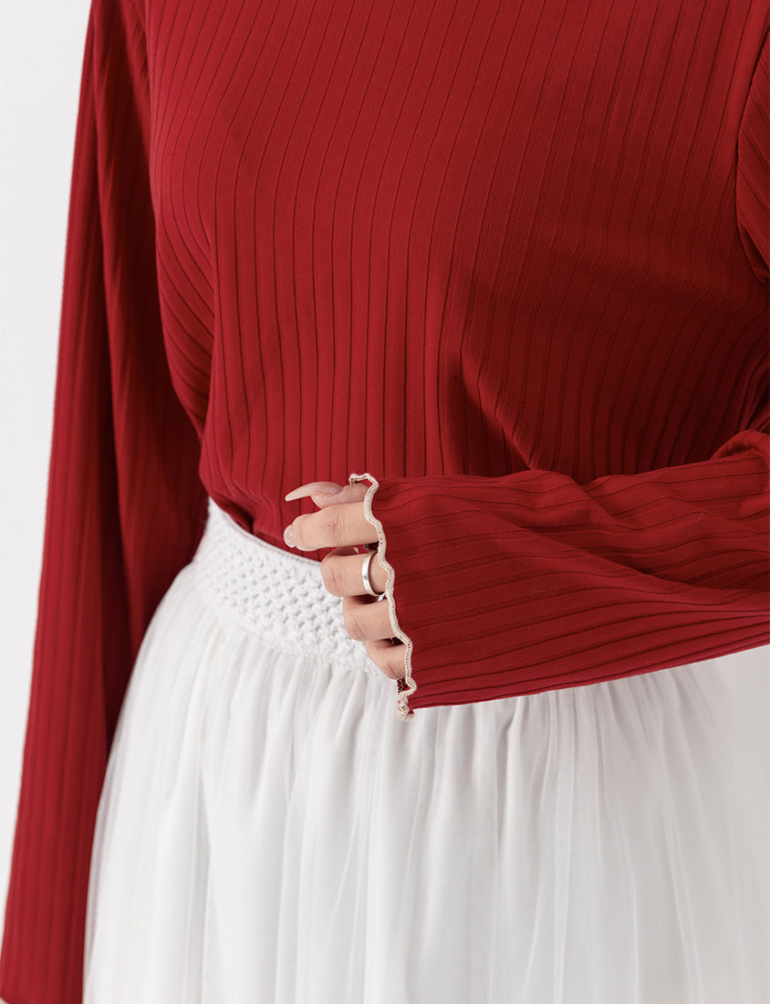 Soft Wide Ribbed Ruffle-Trim Long Sleeve Plus Size Top