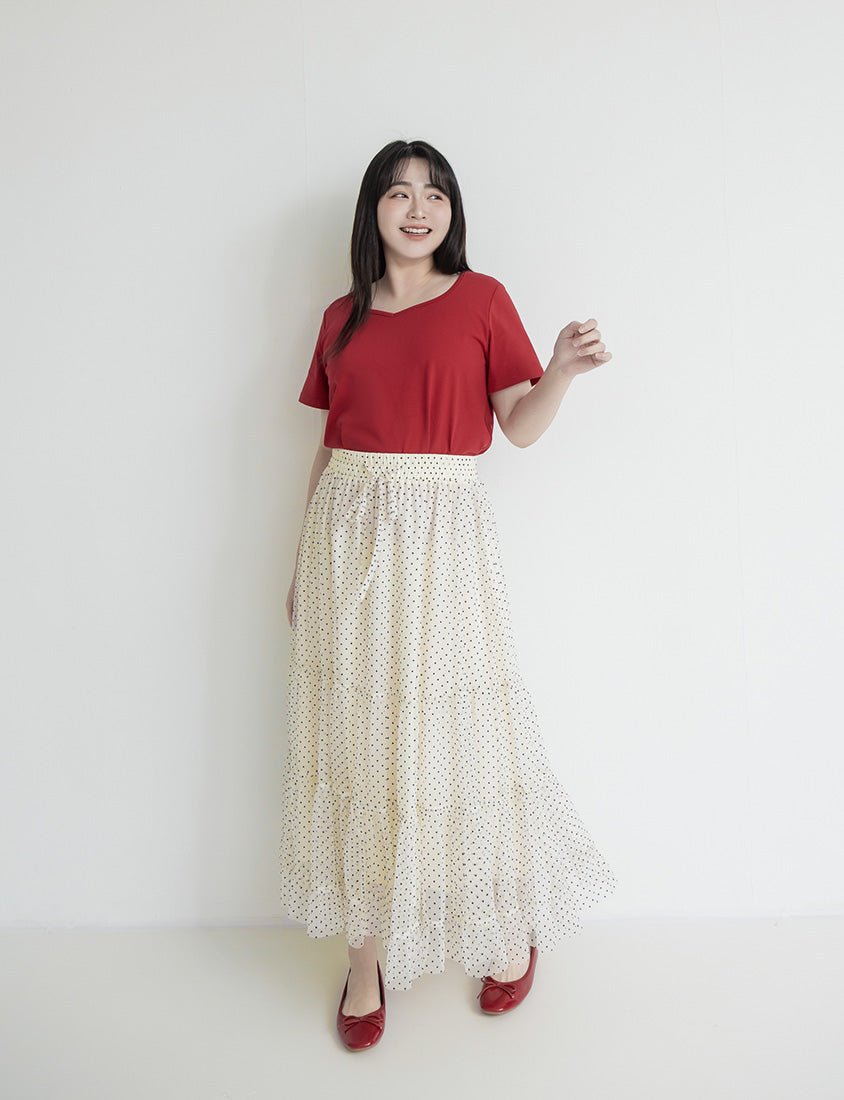 Romantic Polka Dot Tulle Tiered Plus Size Maxi Skirt