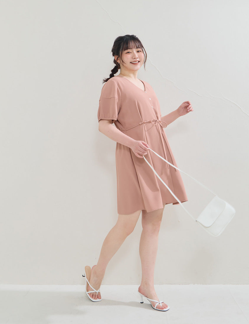 Faux Button Beaded Drawstring V-Neck Plus Size Mini Dress