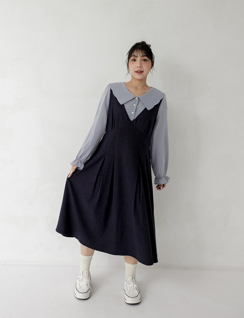 Faux Two Piece Contrast Pearl Button Plus Size Maxi Dress