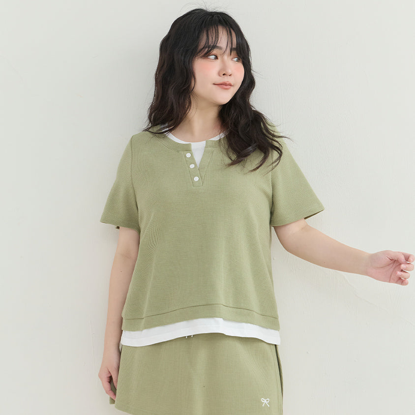 Waffle Knit Faux Two-Piece Plus Size Top