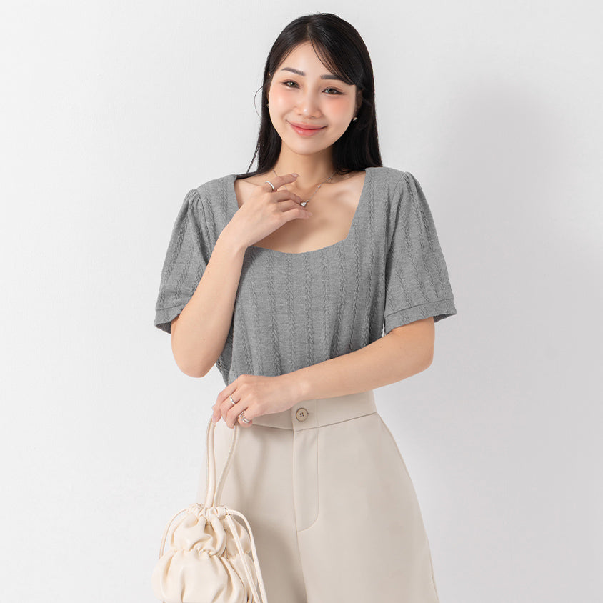 MISS. Slim Fit Square Neck Cable Knit Short Sleeve Plus Size Top