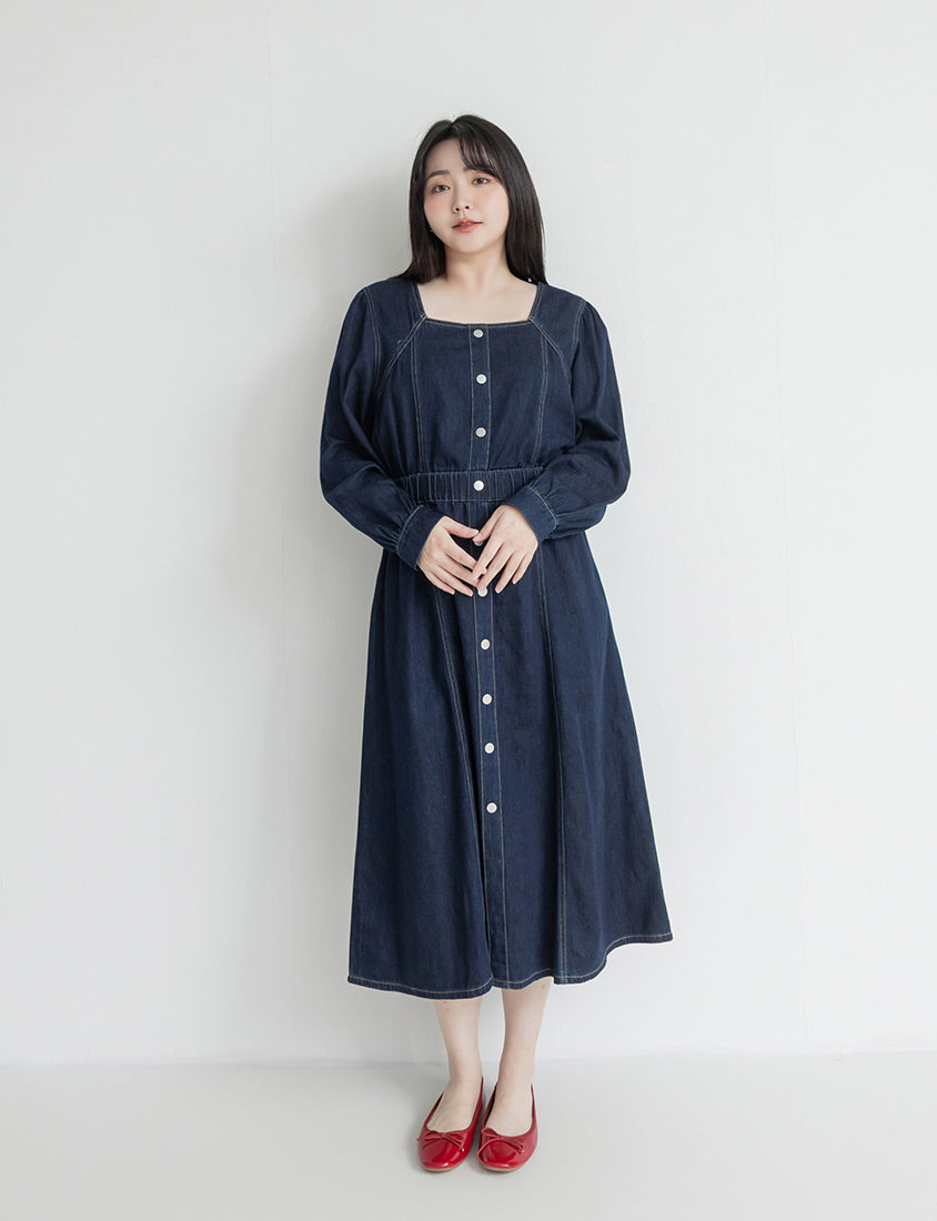 Smock-Waisted Square Neck Faux-Button Denim Plus Size Maxi Dress