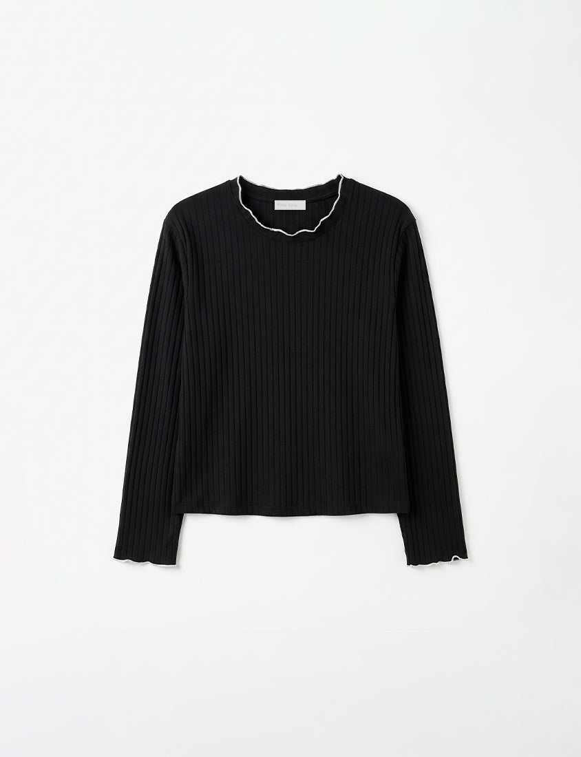 Soft Wide Ribbed Ruffle-Trim Long Sleeve Plus Size Top