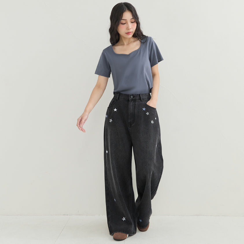 Star Embroidered Denim Plus Size Wide Leg Jeans