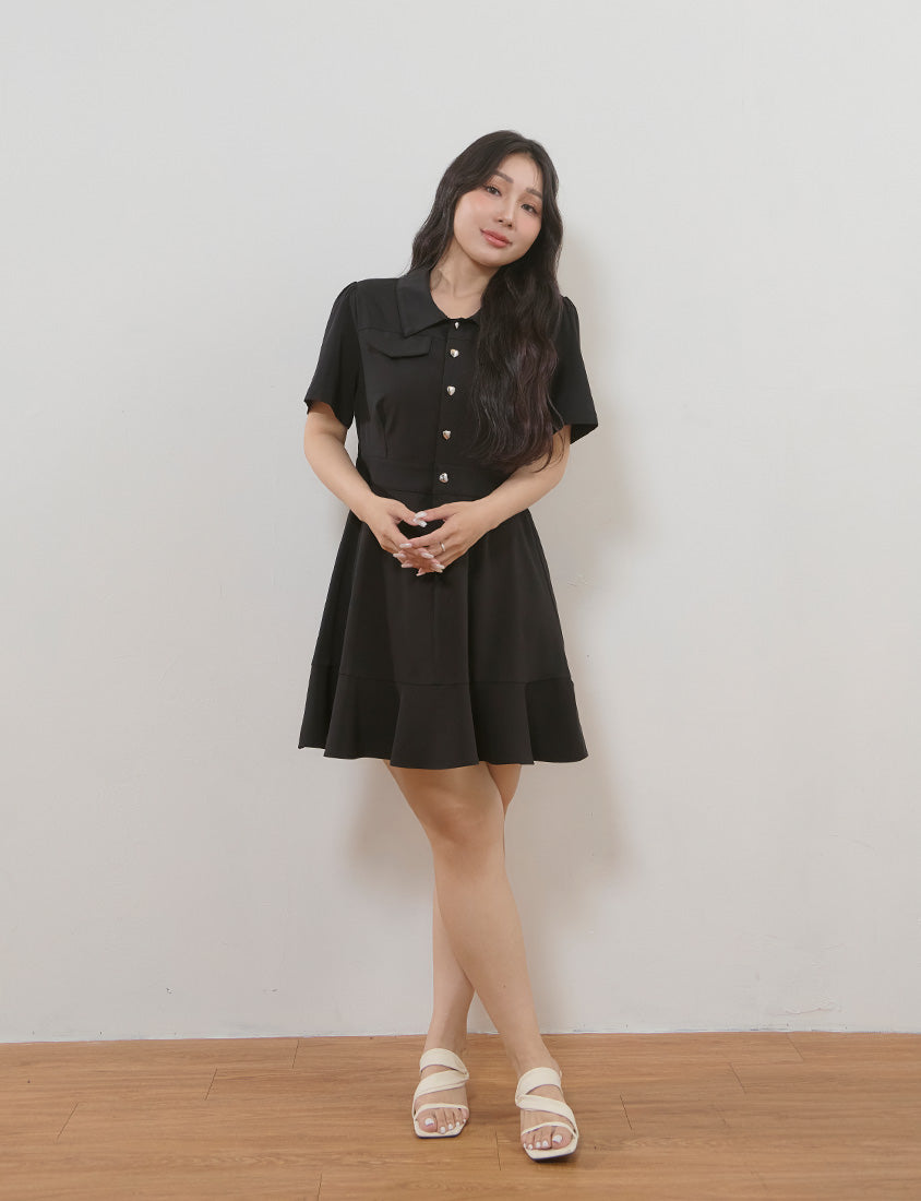 Elegant Heart Button Collar Plus Size Mini Dress
