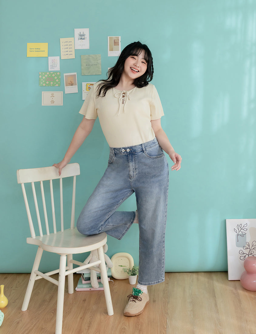 Ruffle Trim Ribbed Tie Front Short Sleeve Plus Size Top