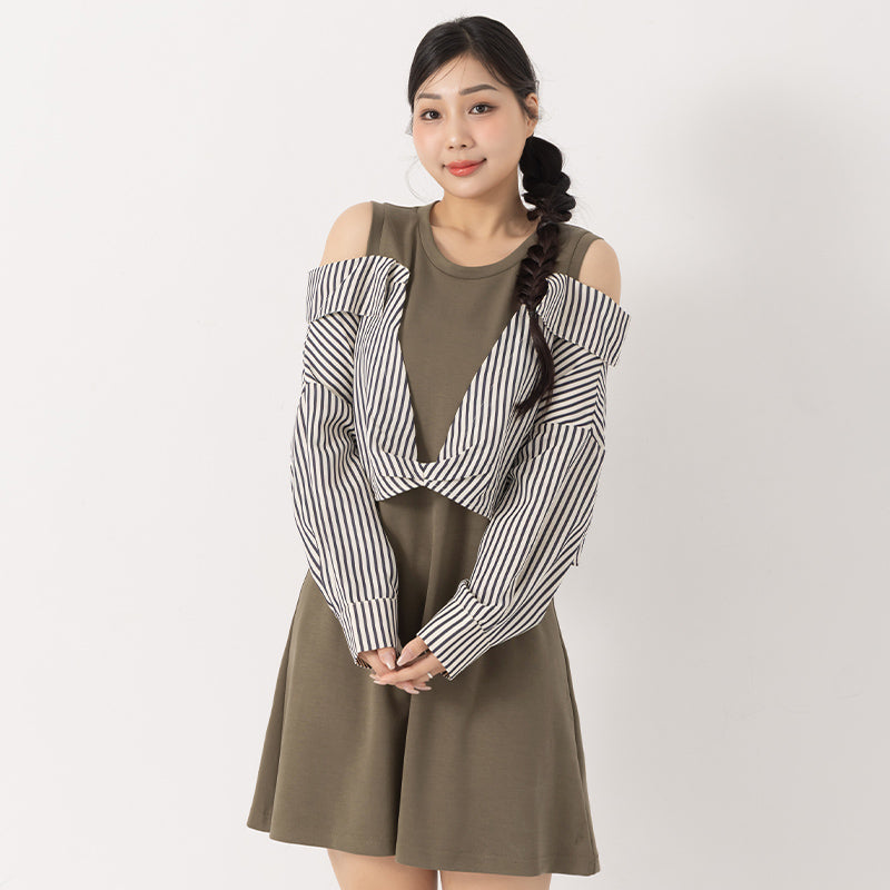 Faux Two Piece Cloud Cotton Contrast Stripe Plus Size Dress