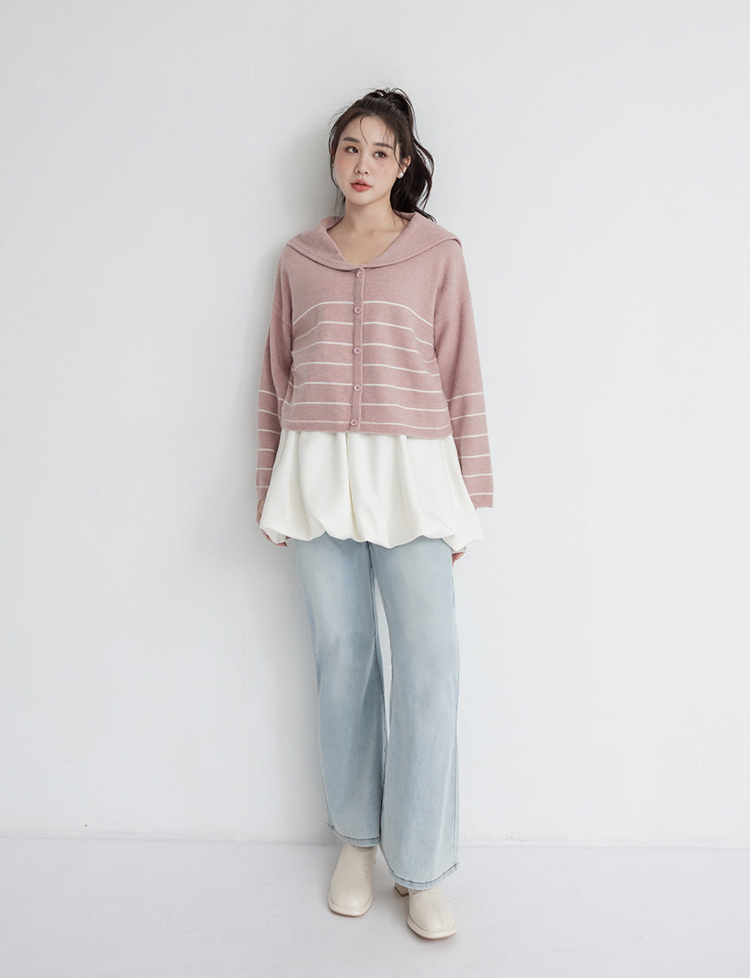Striped Faux-Button Sailor Collar Plus Size Knit Top