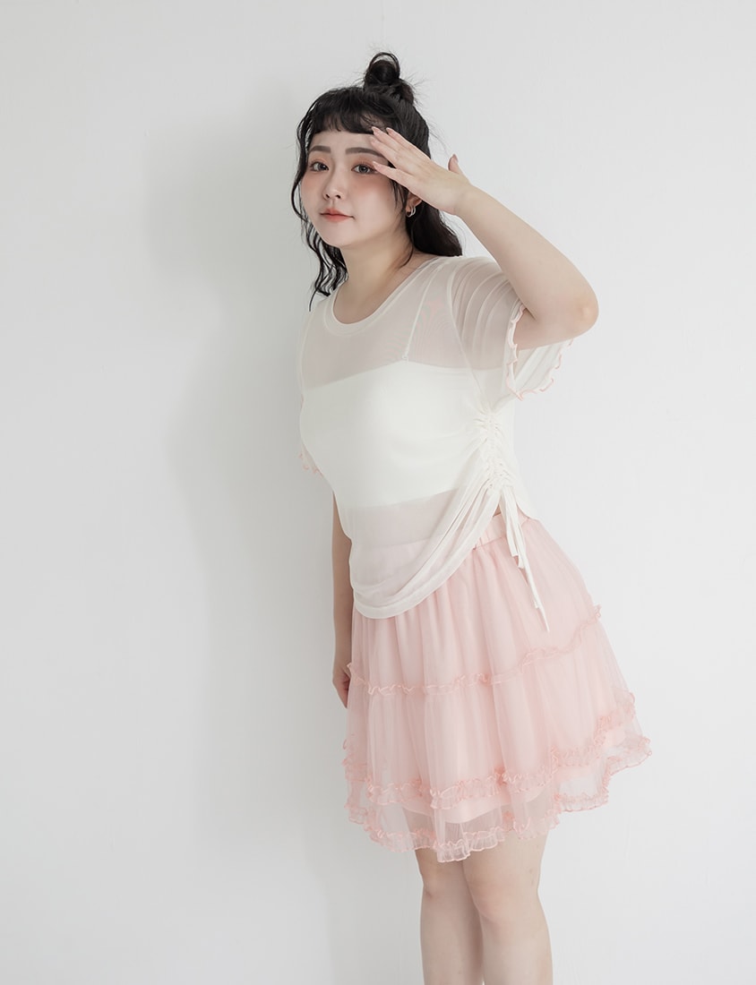 Side Drawstring Sheer Ruffle Sleeve Plus Size Top